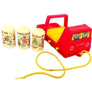 Vintage 1981 Johnson and Johnson Rhythm Rollers Pull Toy Vehicle Animals Rattles